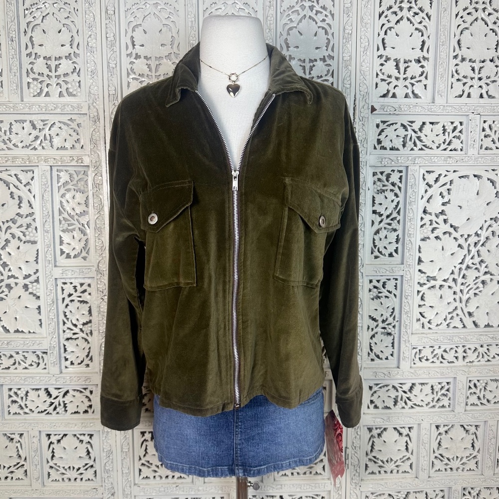 Y2K‎ Khaki Olive Green Velour Full Zip Lightweight Shirt Jacket Sz Small